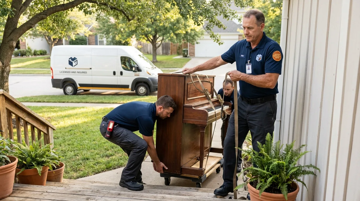 Licensed piano movers securing grand piano in Martins Ferry, OH