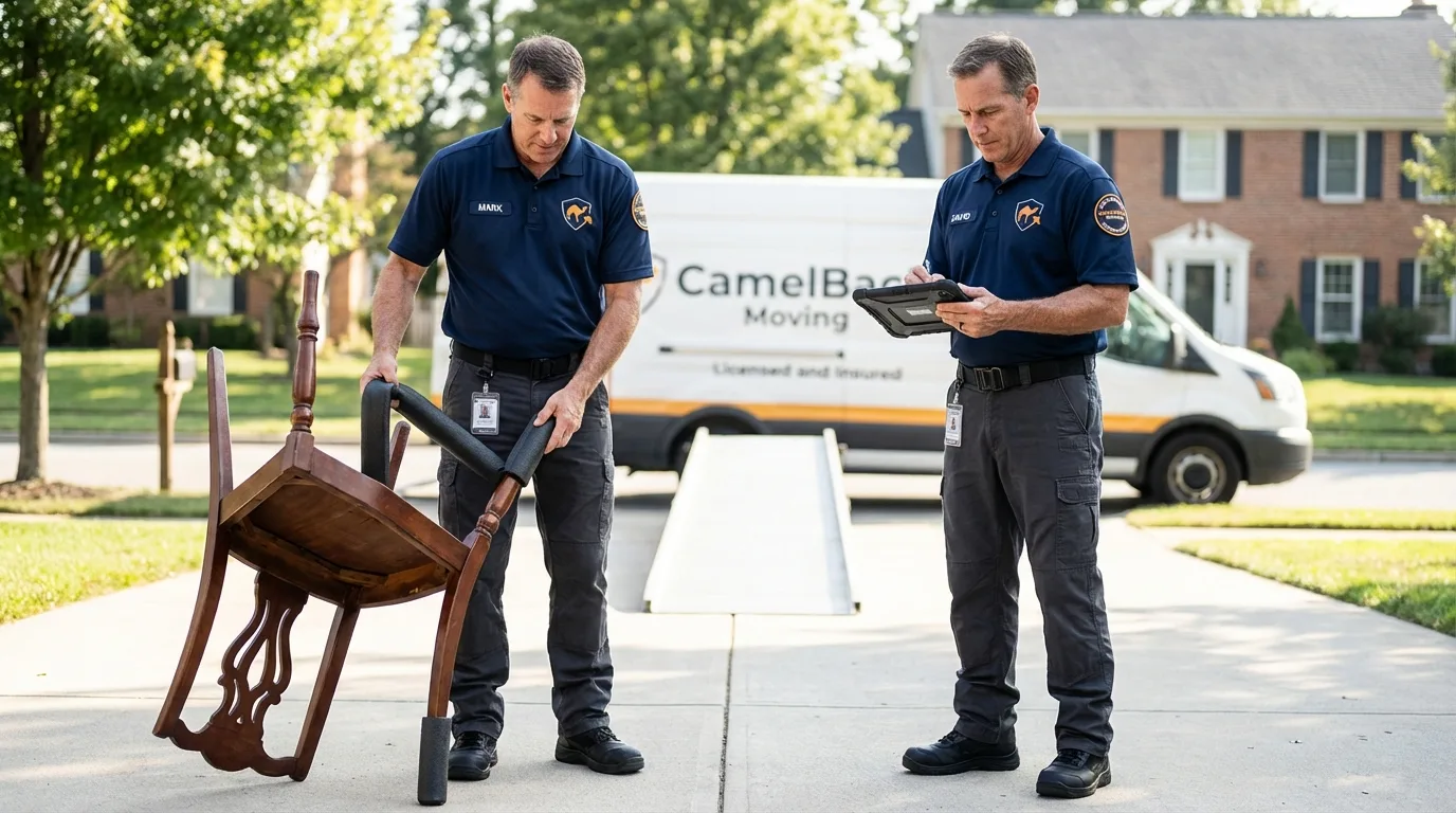 Movers inspecting furniture for damage prevention before loading in Martins Ferry, OH