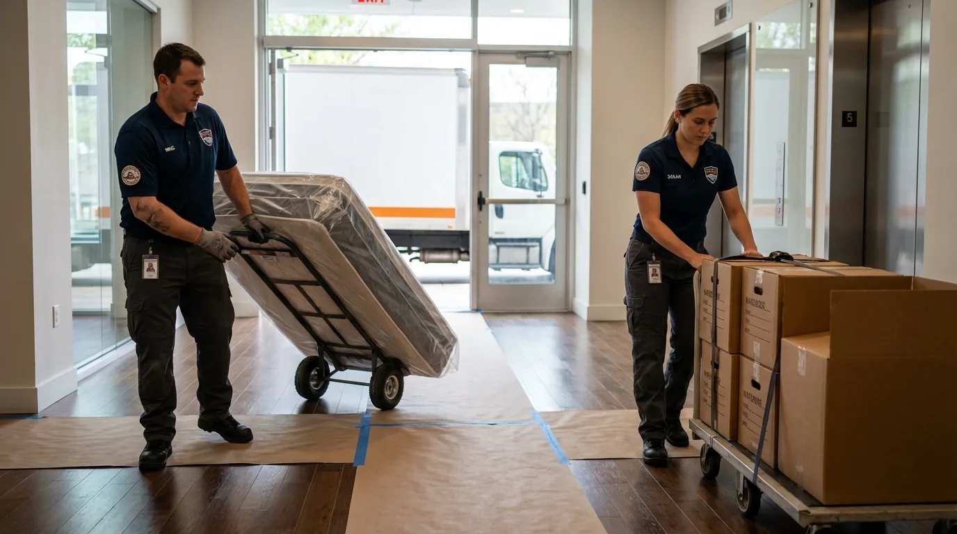 Professional apartment movers loading elevator in Martins Ferry, OH